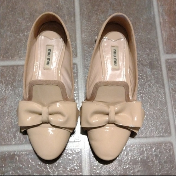 Miu Miu Nude beige patent leather Bow Crystal embollised flats loafer 36 - Picture 2 of 11